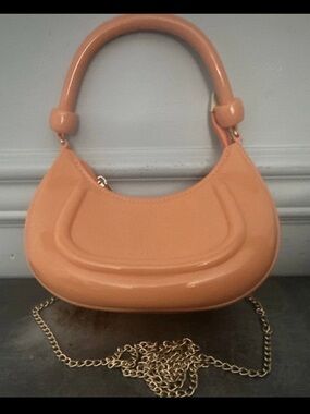 Peach Patent Crescent Top-Handle Bag with Gold Chain